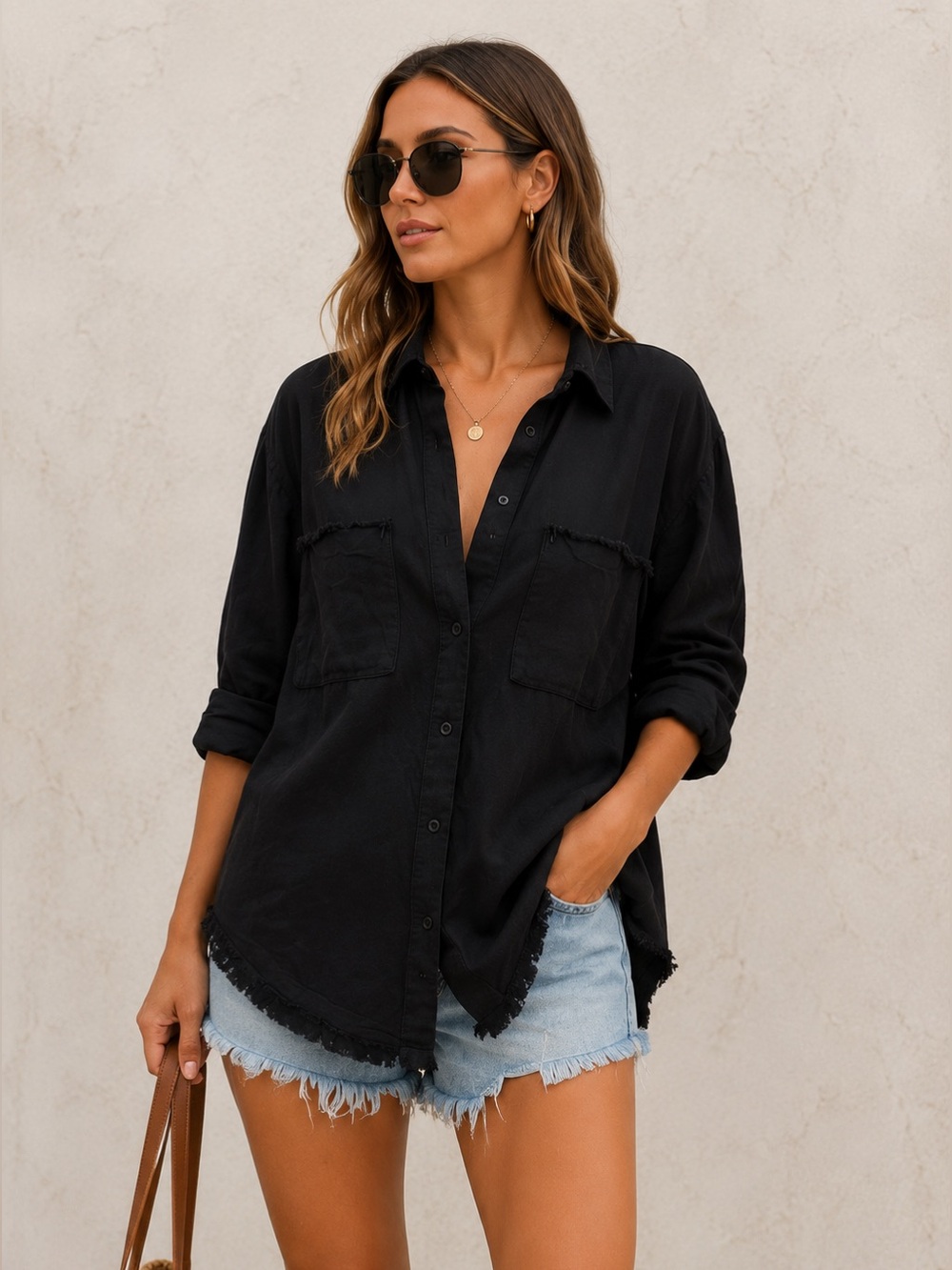 Show Me Your Mumu Black Linen Blend Fringe Trim Button Down Shirt Size M